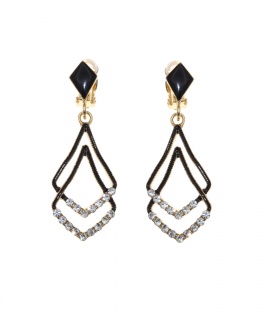 Oorclips zwart met een dubbele hanger en stras steentjes