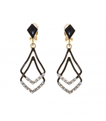 Oorclips zwart met een dubbele hanger en stras steentjes