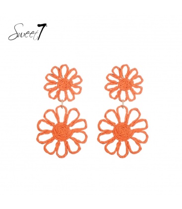 Oranje bloemen oorhanger van raffia