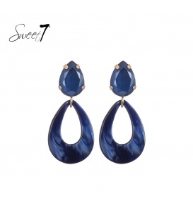 Oorbellen met navy blauwe steen en een ovale hanger