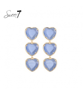 Blauwe oorhangers met 3 harten en cat eye stenen