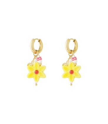 Gele oorhangers bloem, kralen en bedel