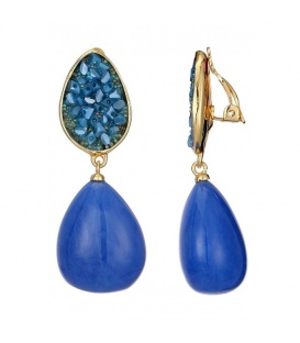 Oorclips met blauwe druppel hanger en steentjes detail