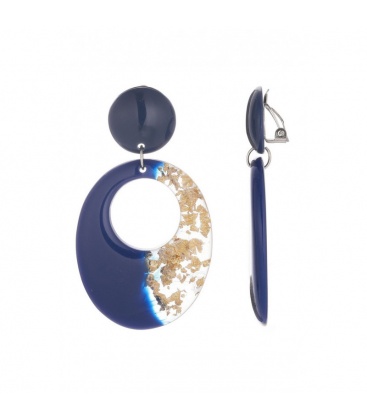 Oorclips diepblauw met transparante halve ovaal en goudkleurige accenten