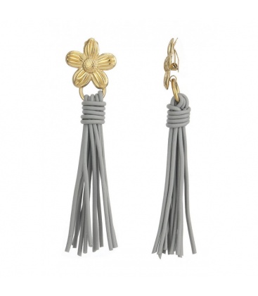 Oorclips met goudkleurige bloem en grijze rubberen franjes
