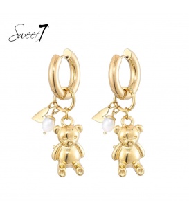 Goudkleurige oorbellen met een teddybeer en pareltje