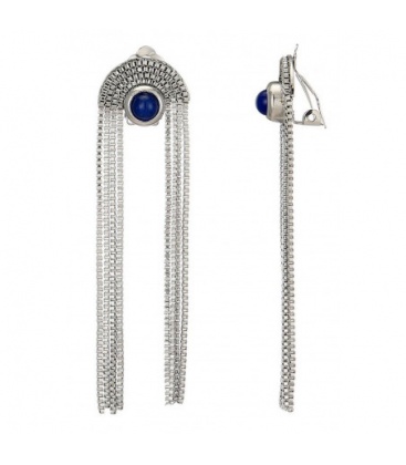 Oorclips met zilverkleurige franjes en een blauw steentje