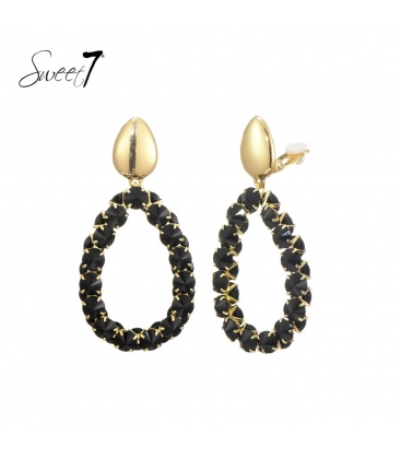 Oorclips zwart met ovale vorm en glas steenjes