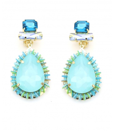 Oorclips met turquoise druppel steen en blauwe kristallen