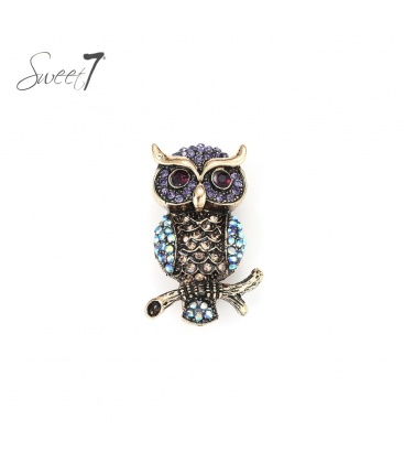 Antiek goudkleurige uil broche met gekleurde glas steentjes