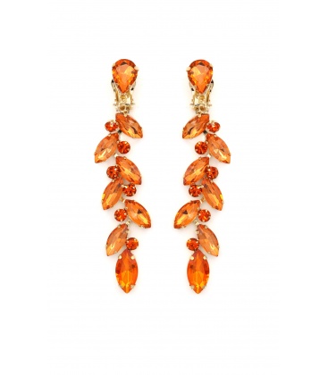Prachtige oranje lange oorclips met glas steentjes in goudkleurige setting