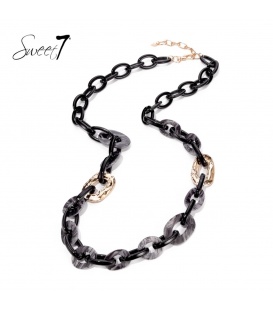Halsketting zwart met gemarmerde en goudkleurige schakels