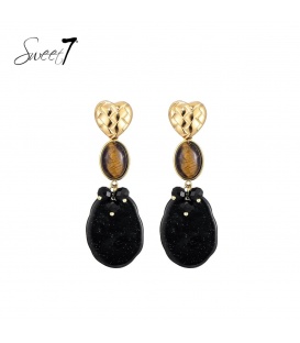 Oorbellen zwart met cat eye steen en goudkleurig hart