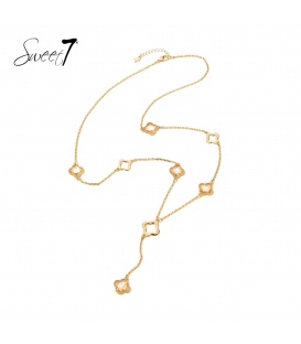 Goudkleurige lange halsketting met klaver bedels