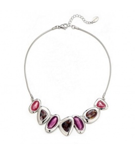 Zilverkleurige halsketting met paars en roze parelmoer inleg