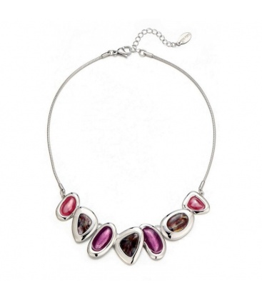 Zilverkleurige halsketting met paars en roze parelmoer inleg