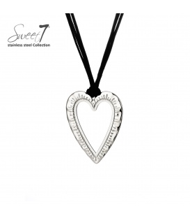 Halsketting zilverkleurig met open hart hanger en zwart koord