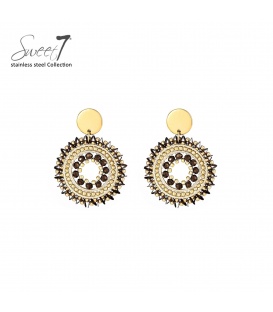 Oorbellen met ronde bruine glas kralen en goudekleurige ring