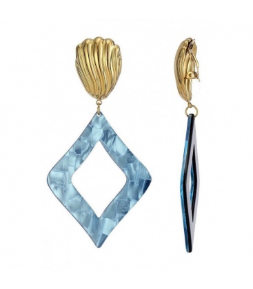 Oorclips blauwe ruitvorm hanger met goudkleurig oor stukje