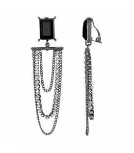 Oorclips zwart met donkere metalen schakels en heldere glas steentjes