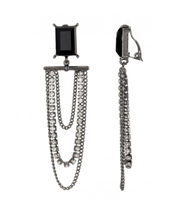 Oorclips zwart met donkere metalen schakels en heldere glas steentjes