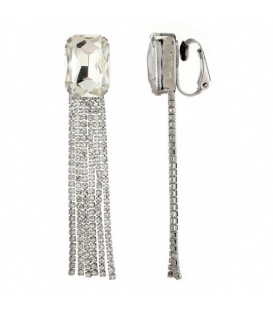 Oorclips zilverkleurige met strengen en heldere strass steentjes