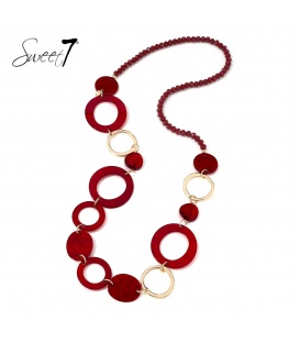 Halsketting met rode cirkels en goudkleurige ringen