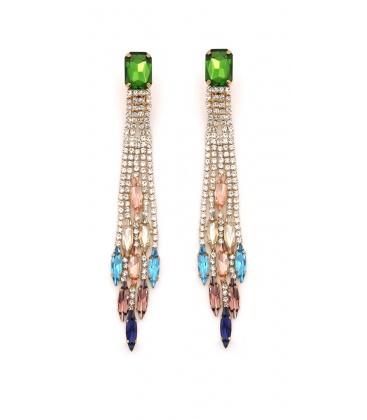 Oorclips lang groen met heldere strass steentjes en kleurrijke afwerking