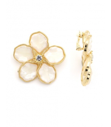 Oorclips wit met bloemdesign in goudkleurige omlijsting