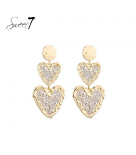 Oorbellen met dubbele harten en beige steentjes