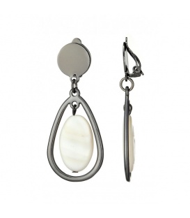 Oorclips antraciet met ivoorkleurige ovale hanger in open druppelvorm