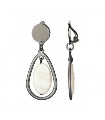 Oorclips antraciet met ivoorkleurige ovale hanger in open druppelvorm