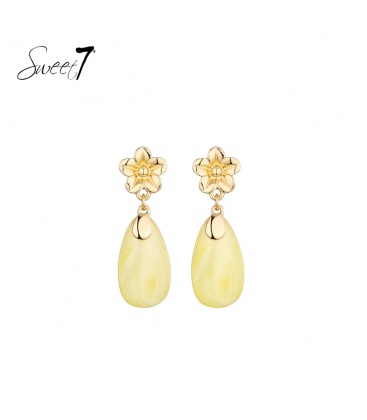Oorbellen met gele hanger en bloemvormige top