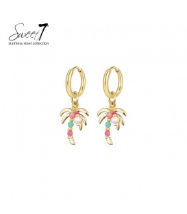 Oorbellen goudkleurige met palmboom hanger en kleurrijke kralen