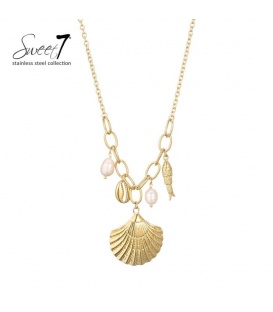 Halsketting met schelp hanger en parels in goudkleurige afwerking