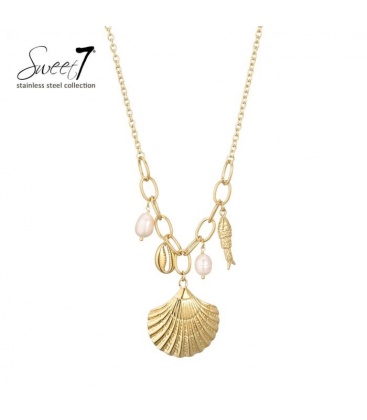 Halsketting met schelp hanger en parels in goudkleurige afwerking