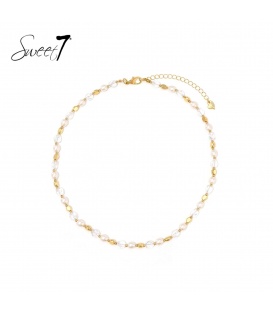 Halsketting met parels, transparante en goudkleurige kralen 