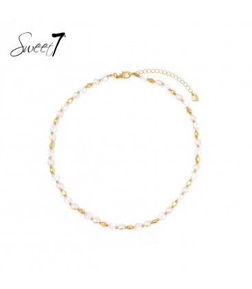 Halsketting met parels, transparante en goudkleurige kralen 