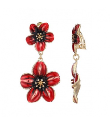 Oorclips rood met dubbele bloemvorm en goudkleurige rand