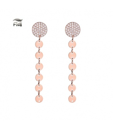 Oorbellen rose goudkleurig met strass bezette ronde top en hangende schijfjes