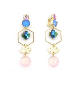 Oorclips blauw met bedels en goudkleurig accenten