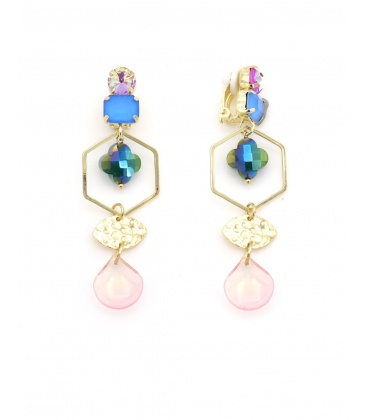 Oorclips blauw met bedels en goudkleurig accenten