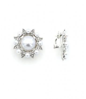 Oorclips zilverkleurig met acryl parels en strass steentjes
