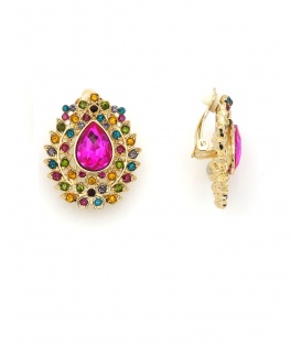 Oorclips met fuchsia druppelsteen en kleurrijke strass stenen