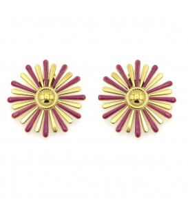 Oorclips met paars en goudkleurig bloemdesign.