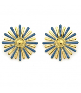 Oorclips met blauw en goudkleurig bloemdesign.