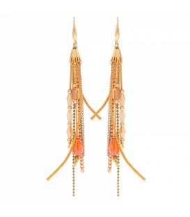 Lange oorbellen met bruine, oranje glaskralen en goud en zilverkleurige strengen