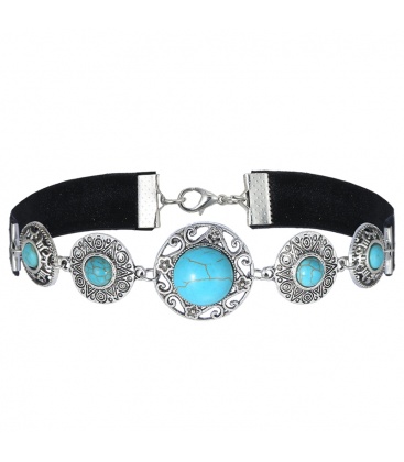 Zwarte choker met zilverkleurige elementen en blauwe stenen